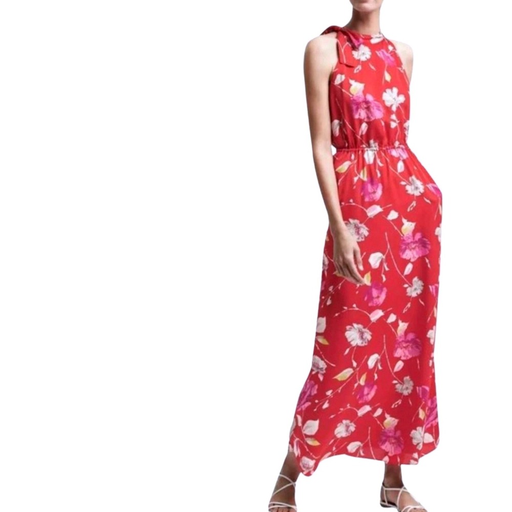 Banana Republic Halter Maxi Dress Sleeveless Neck Tie Red Floral Women's XL